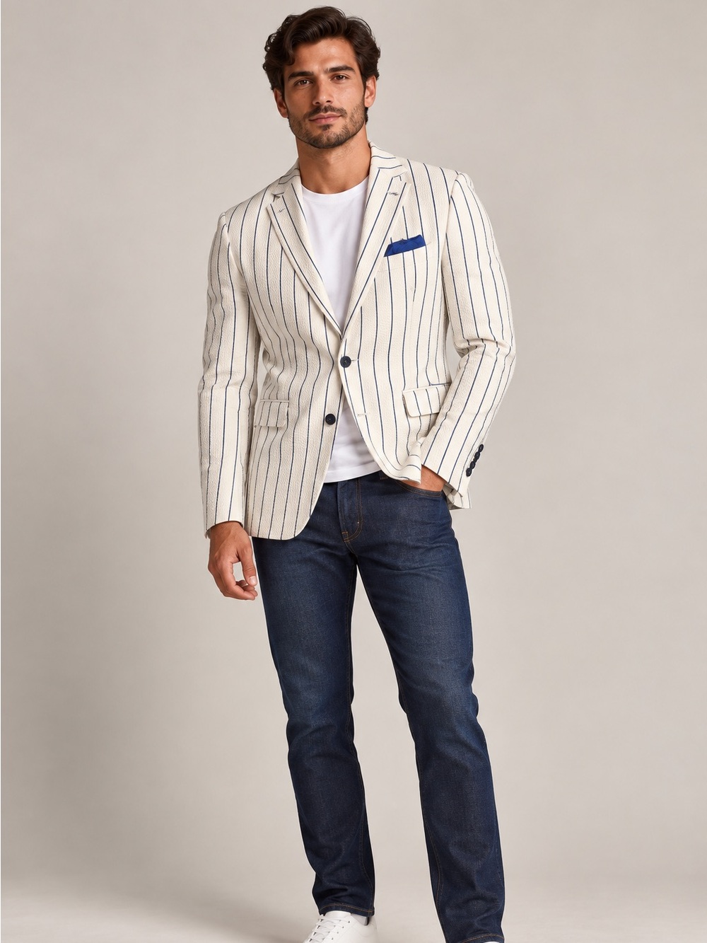 Paisley & Gray Men's Striped Sport Coat in White & Blue Like New